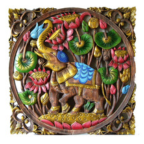 Special elephant decorative mural Hand painted square wood carving hollow flower plate entrance pendant