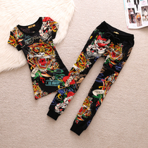 Europe station 2021 spring Summer new womens fashion models Two sets of T-shirt tiger head headsets casual sports suit