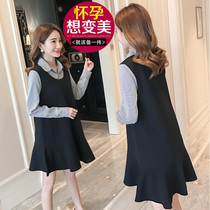 Pregnancy womens clothing spring clothing online red new fake two pregnant women with dress medium long Tidal Moms Spring Autumn Long Sleeves Pregnant Women Blouses