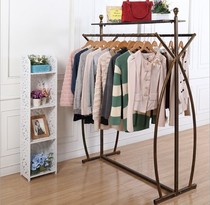 Wrought iron clothing display rack floor double row double pole clothing shelf clothing store side hanging clothing rack with board shoe bag rack