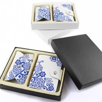 Tiandian gift 2 sets of cowhide leather card bag key bag face blue and white porcelain printing office two-piece set