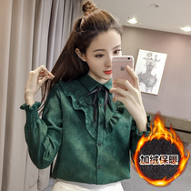 Shirt womens long-sleeved 2021 autumn Korean fan bow age-reducing top Western style age-reducing chic high-end shirt