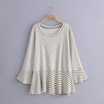 Ancient ancient home Custom big code Female dress Fat MM200 Lotus Leaf Cuff Loose Sleeve Head Women Stripe Splicing Casual Sweater