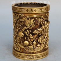 Antique Miscellaneous pure copper bronze two dragon play beads incense tube Dragon swallow pen pen holder incense set Double Dragon Play Ball Pen Holder