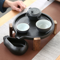 Mini stone mill small tea tray Ceramic Kung Fu tea set Household simple tray Water storage dry bubble table black pottery teapot tea sea