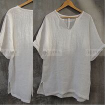 Silent sometimes Chinese style original Chinese mens collarless casual pleated linen shirt short sleeve loose size