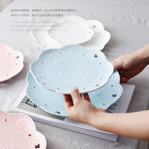  Nordic simple solid color ceramic fruit plate Lace hollow dried fruit snack cake Japanese sushi plate blue powder white