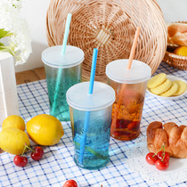 Glass Juice Cups 4 sets home summer water cup color with lid straw creative milkshake drink cold drink cup