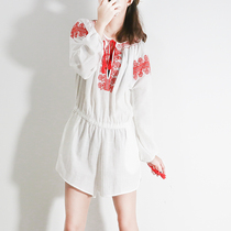 Two beach sea holiday windy light extravaganza full cotton embroidered with shoulder white woman long sleeve one-piece pants