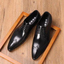 British leather shoes mens pointed toe lace-up suit formal suit business stitching wine red black professional carved first layer cowhide