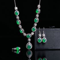 Natural green chalcedony necklace ring earrings three-piece set 925 silver inlay women