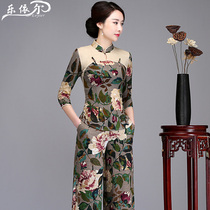 Spring and Tang dress Cheongsam top womens short modified fashion linen mid-sleeve mother dress Cheongsam two-piece pants large size