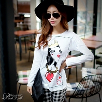 Long sleeve T-shirt female pink doll Spring and Autumn new round neck print slim slim top white T-shirt