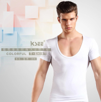 Spring and summer sexy men big round neck solid color base shirt Korean slim men short sleeve Big V collar T-shirt low collar