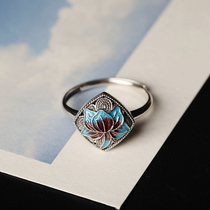 Water lily sterling silver jewelry Cloisonne national style niche design female net red exaggerated index finger personality opening ring