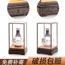 Glass cover Antique ornaments dust cover Buddha relief chicken wing wood display box can be customized mahogany carved treasure cage
