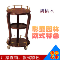 Hotel restaurant stainless steel titanium round double three-layer solid wood hand-push type wine cart tea delivery cart