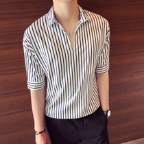 Summer Korean version trendy ruffles Handsome Striped Shirt Man Short Sleeve V Collar Loose Casual Net Red 100 Hitch Sets head T-shirt