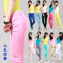  Womens spring and summer narrow-legged denim trousers slim white red blue green and yellow casual thin plus size pants 36