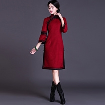 Chinese classic improved cheongsam winter women long sleeve thick warm retro slim cheongsam dress long dress