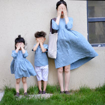 2021 spring and summer original Chinese style parent-child clothing cotton and linen art fan family of four family linen mother and daughter
