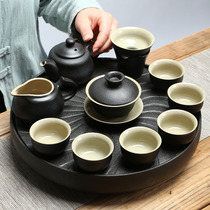 Mingfeng Zen Style Black Ceramic Kung Fu Tea set Complete set of black glaze side handle pot Teacup Cover bowl Porcelain tea tray