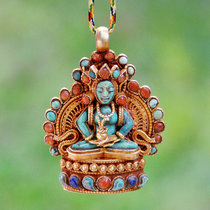 Nepal sterling silver filigree gilded natural turquoise yao shi fo karma black box four-arm Guanyin pendant ga house box