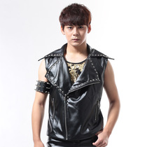 Stage performance cable-stayed chain vest Collar Shoulder Locomotive Leather PU Waistcoat Rock Rivet Punk man and woman leather