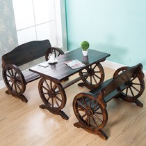Outdoor leisure tables and chairs Carbonized anti-corrosion solid wood tables and chairs Courtyard Balcony tables and chairs Cafe tables and chairs Wheel tables and chairs