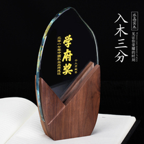 Creative solid wood crystal trophy custom high-grade wooden tray Medal custom annual meeting award souvenir competition lettering