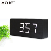 LED Wood Clock Living Room Fashion Creative electronic temperature mute sound control working day Multiple sets of alarm big words