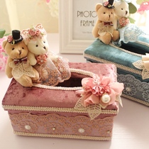 High-end European tissue box blue pink plush creative fabric drawing paper box bear car decoration storage box