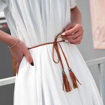 Womens woven belt tassel thin belt bow rope skirt knot decoration waist chain waist rope