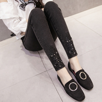 Pregnant women jeans spring and autumn 2021 wear thin slim stretch long pants belly small feet pregnant women leggings