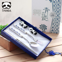 iPanda blue and white ceramic tableware gift box stainless steel chopsticks spoon to send foreign business letter gift