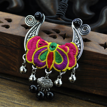  Original handmade ethnic style handmade embroidery long life lock Miao silver bell necklace Sweater chain female retro Chinese style