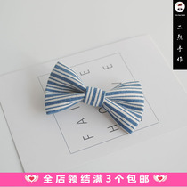 Two bears hand made childrens bow tie male child baby baby bow blue and white strip 100 days old baby bow tie