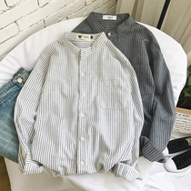  @Fangshao mens autumn new stand-up collar shirt mens long-sleeved loose Korean version of wild bf style literary striped shirt