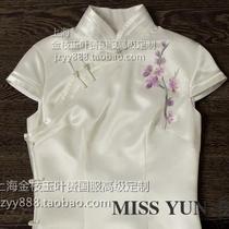 2018 Spring and Summer new pure white silk embroidery small purple plum blossom half sleeve double side big slant short cheongsam