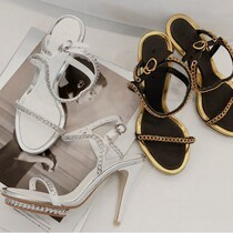 South Korea Artisanal Custom Morden Light Cooked Metal Wind Lock Chain Splicing Fine With Ultra High Heel Sandals