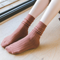 Mid-tube cotton pile socks Spring and Autumn New Korean Academy style vertical stripes solid color Japanese Joker womens stockings