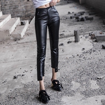 2021 autumn and winter new leather leather pants women show thin feet asymmetrical star nine-point pants sheepskin pencil pants tide