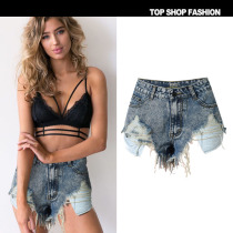 ebay Europe and the United States slim high waist worn irregular leaky pockets tassels personality trend fashion denim shorts hot pants
