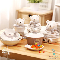 bear boy cute fat bear ceramic salad bowl saucer mug with lid soup bowl candy jar meal