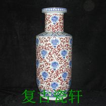 Jingdezhen Cultural Revolution Factory goods Ceramic hand painted green flower glazed in red 100 Shou stick Hammer Bottle Large Vase Founding Porcelain Factory