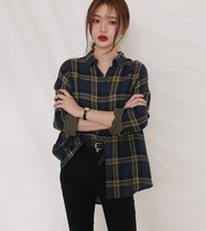 Korean common-unique18 early autumn new polo collar plaid long-sleeved shirt