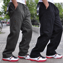 Autumn and winter mens large size casual pants plus fat oversized overalls trousers thick straight tube loose high waist multi pocket
