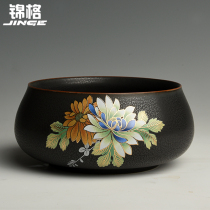 Jinge ceramic tea washing Large Kung Fu tea cup Washing bowl Tea bowl Retro Ru Kiln black pottery small potted plant