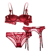 European and American Sexy thin Lace Half Cup Bra Suit (bra underpants hanging socks strap) Three sets of red