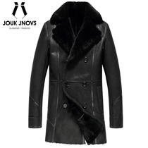 Original ecological sheep fur leather clothing mens double-breasted long coat slim fur coat windbreaker thick